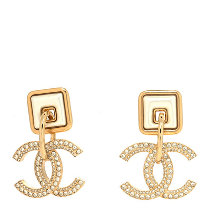 Chanel Crystal Pearl CC Square Drop Earrings Gold Pearly White 1 of 4