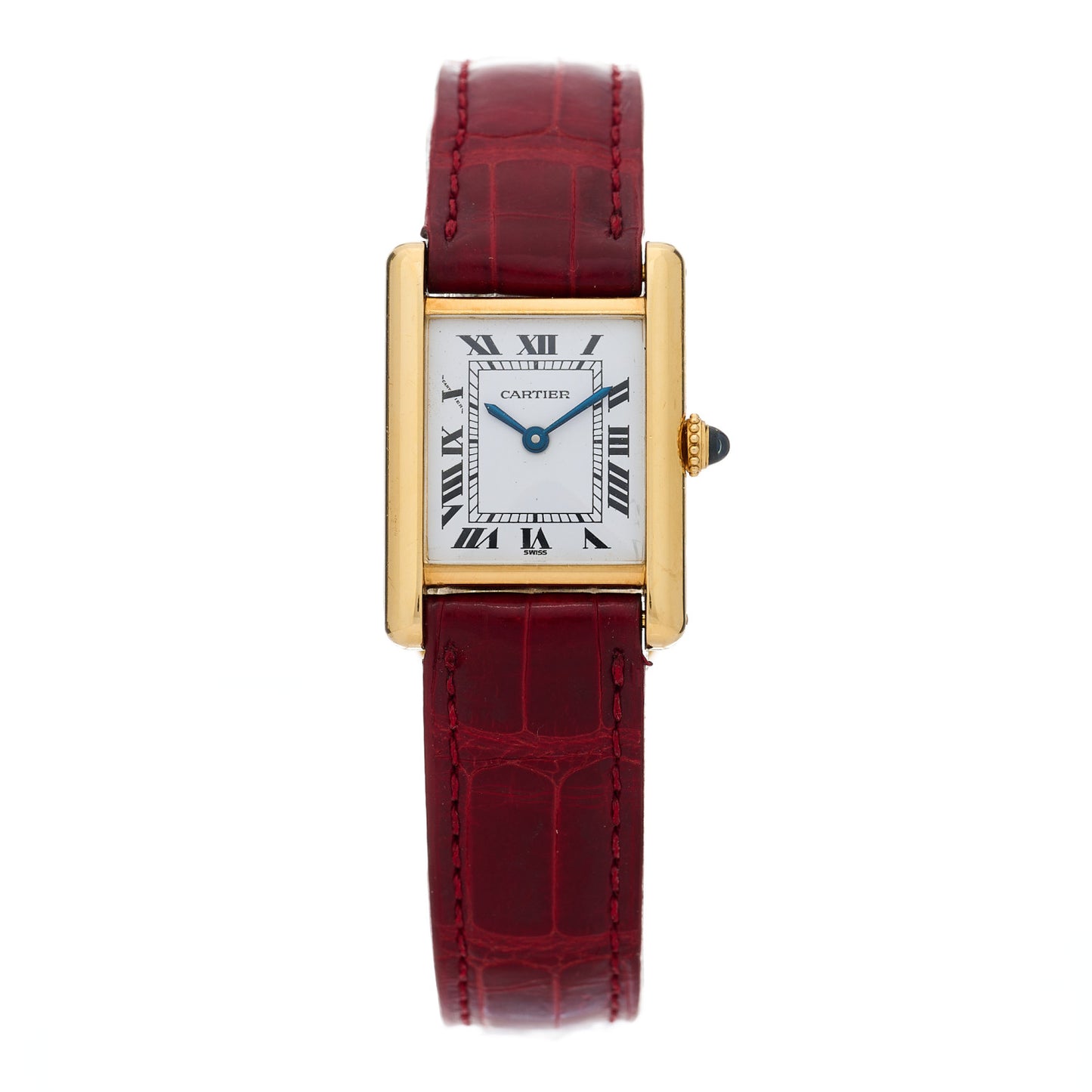 18K Yellow Gold Alligator 22mm Tank Louis Manual Winding Watch Red