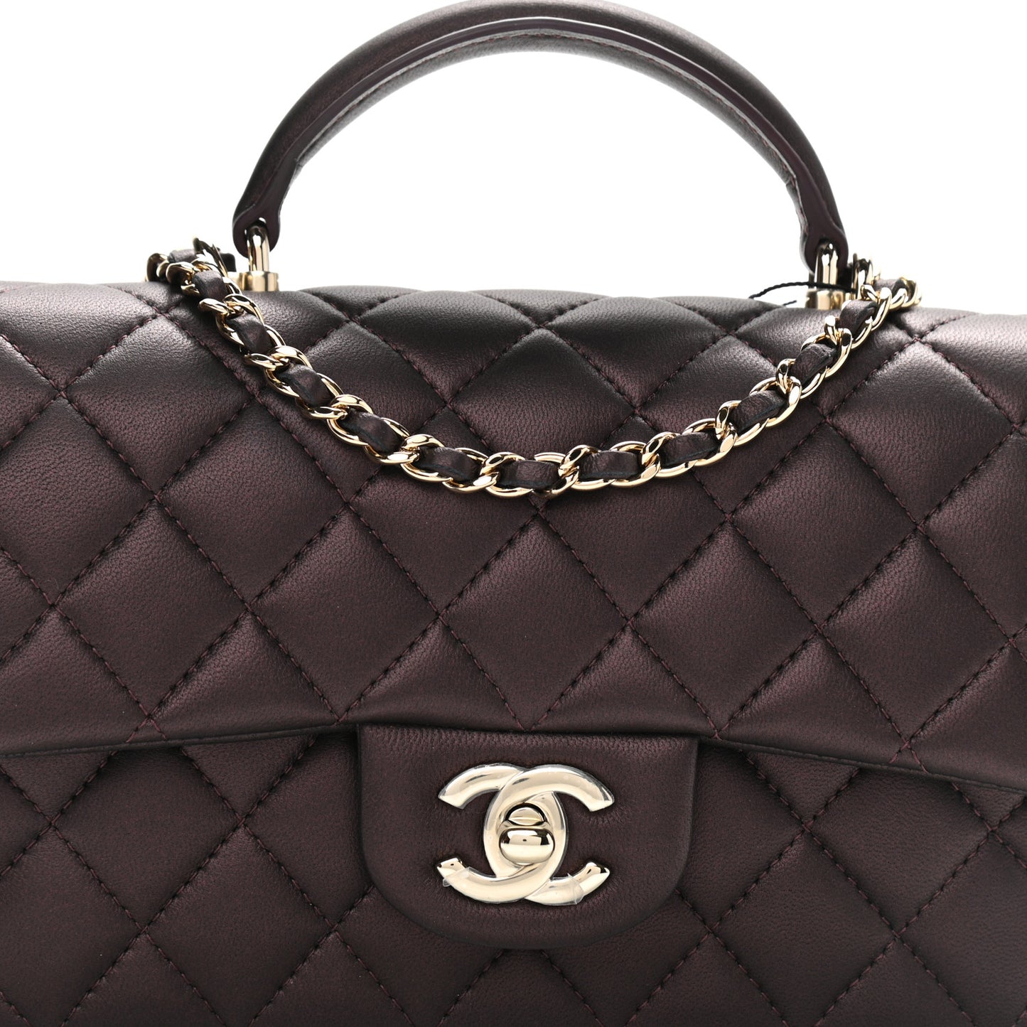 Iridescent Lambskin Quilted Mini Top Handle Rectangular Flap Burgundy