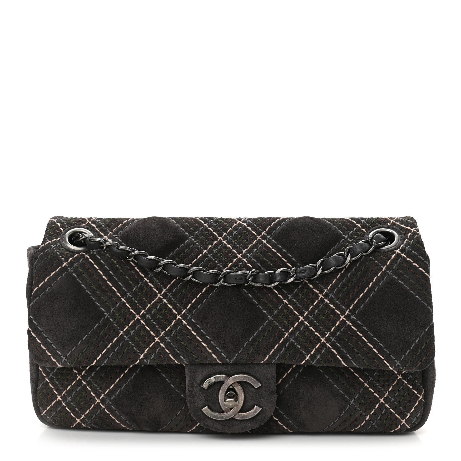 Chanel Suede Stitched Medium Saltire Single Flap Grey 1 of 10