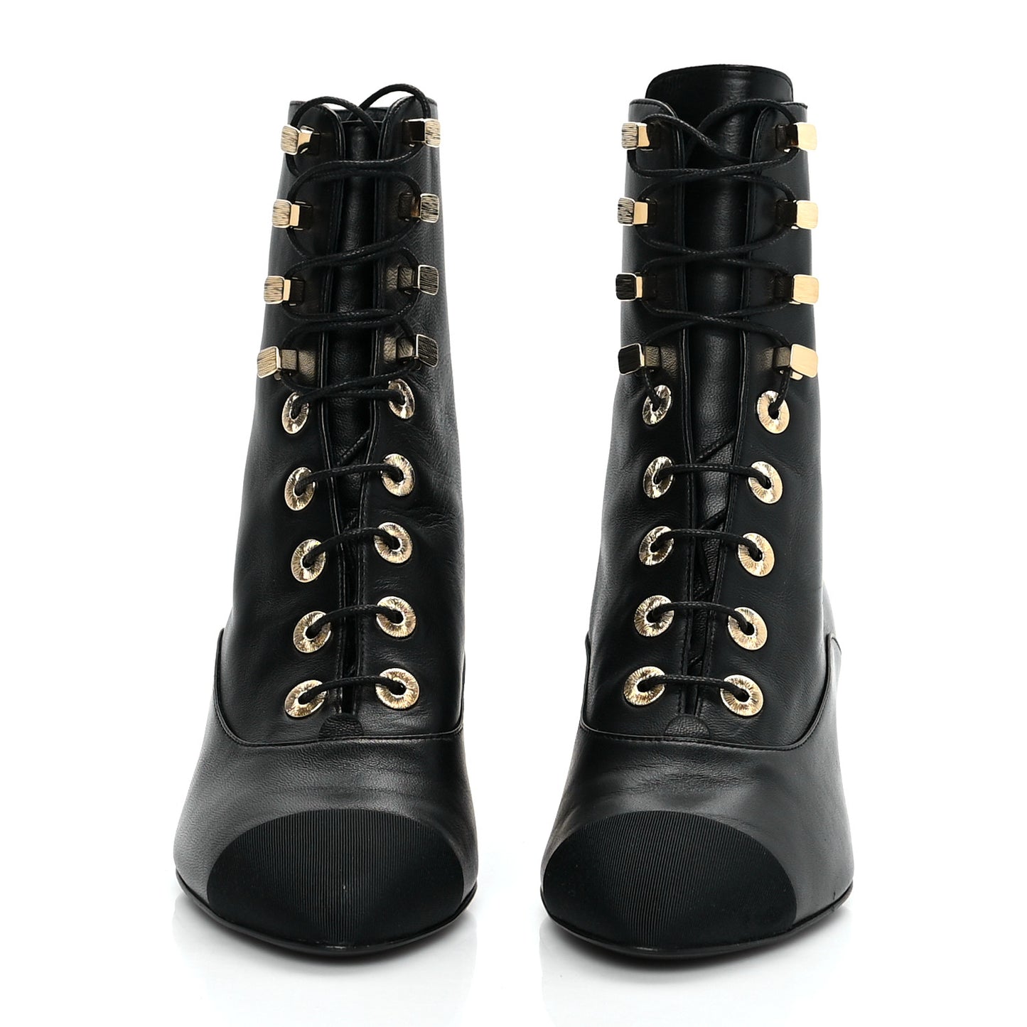 Lambskin Grosgrain Cap Toe Egyptian Amulet CC Lace Up Boots 35 Black