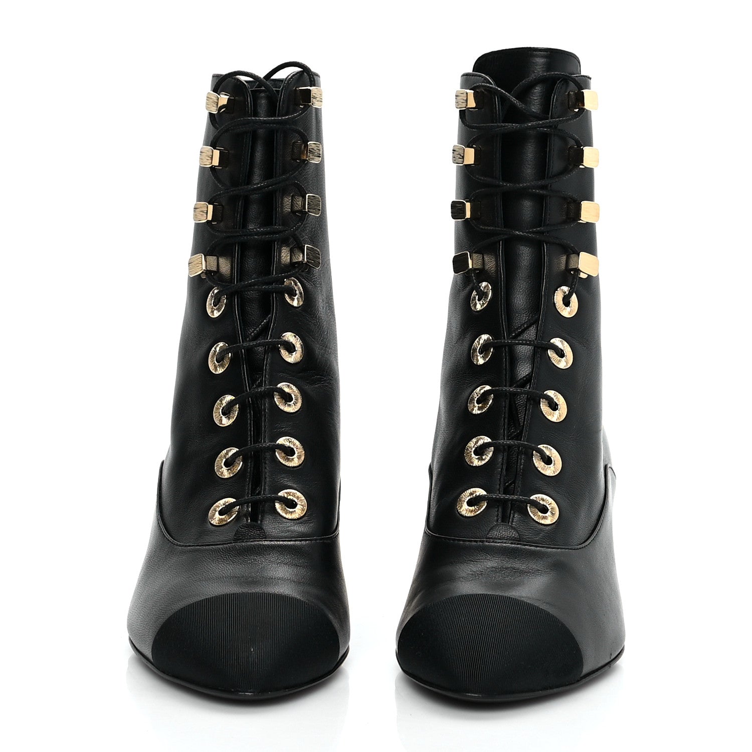 Chanel Lambskin Grosgrain Cap Toe Egyptian Amulet CC Lace Up Boots 35 Black 2 of 10