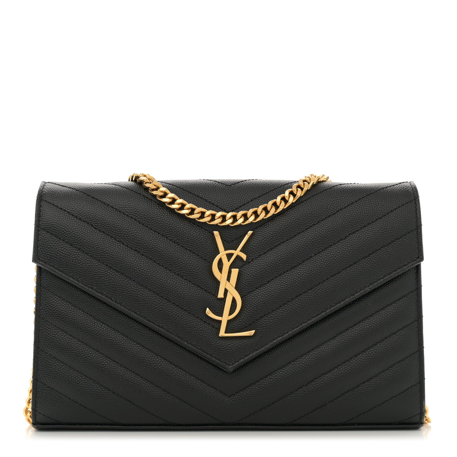 Saint Laurent Grain De Poudre Matelasse Chevron Monogram Chain Wallet Black 1 of 15