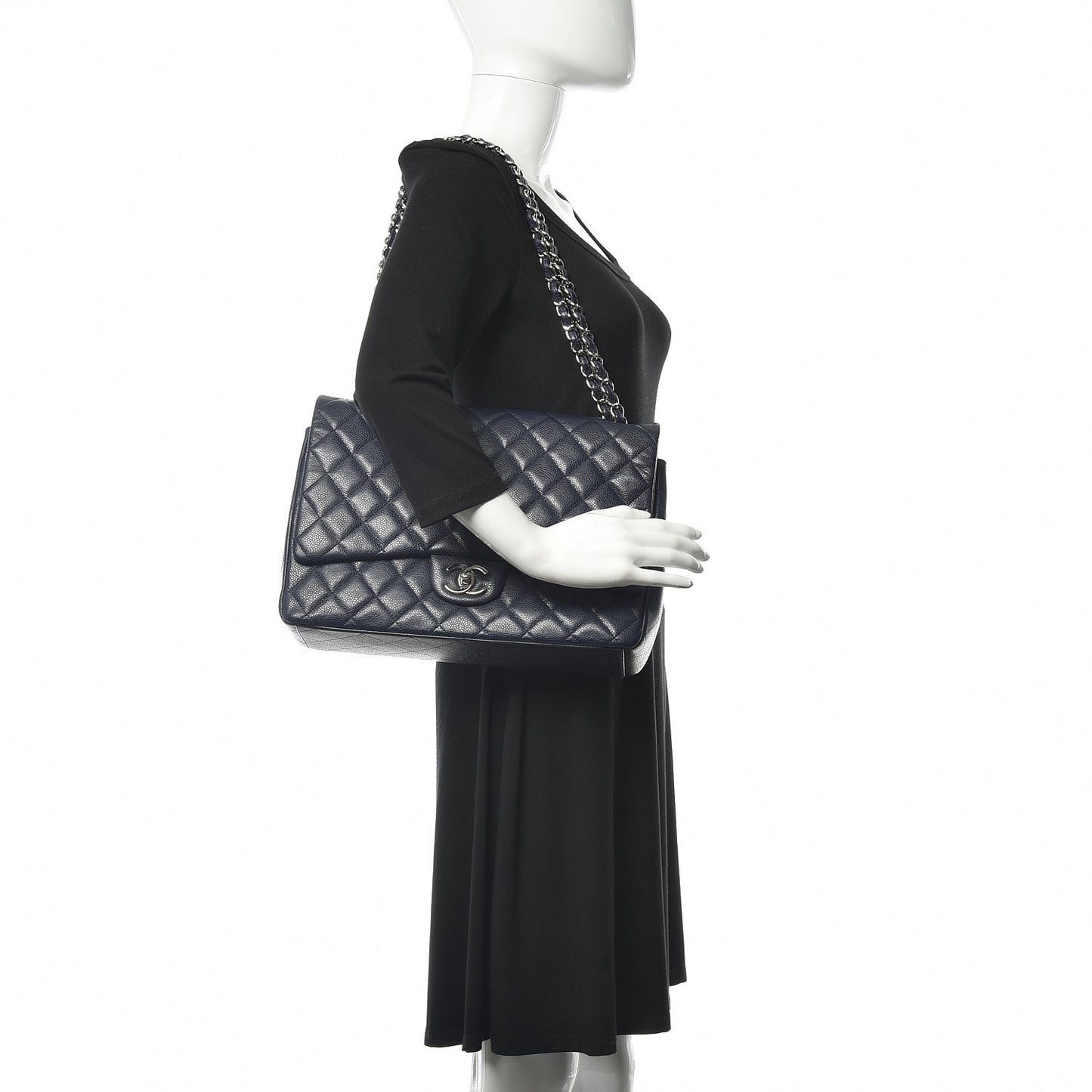 Caviar Quilted Maxi Double Flap Navy Blue