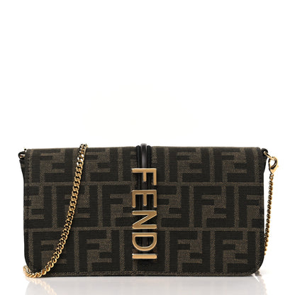 Fendi Fabric Jacquard Vitello Grace FF 1974 Fendigraphy Wallet On Chain Tobacco Moro Ebano 3 of 8