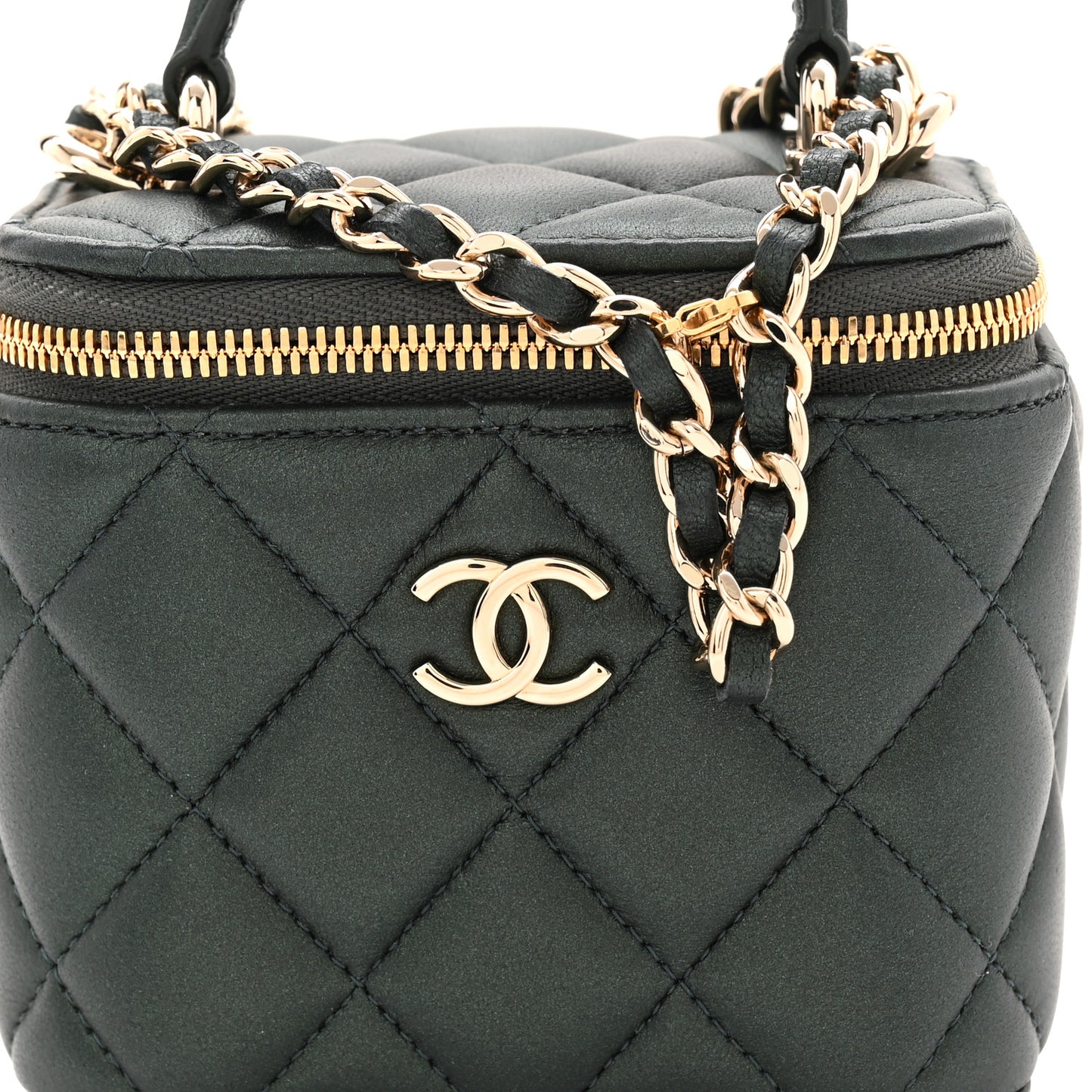 Iridescent Lambskin Quilted Mini Top Handle Vanity Case With Chain Dark Green