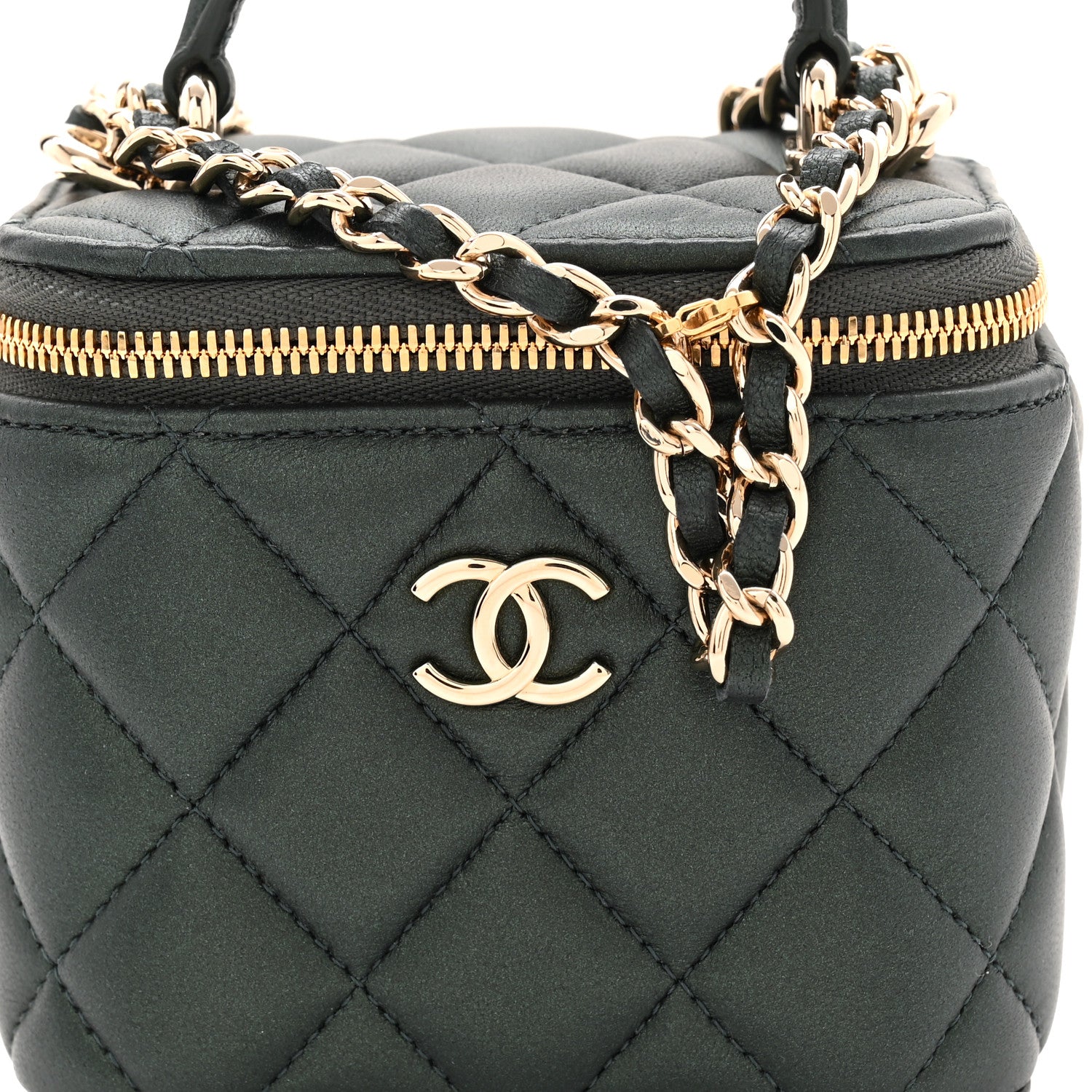 Chanel Iridescent Lambskin Quilted Mini Top Handle Vanity Case With Chain Dark Green 8 of 10