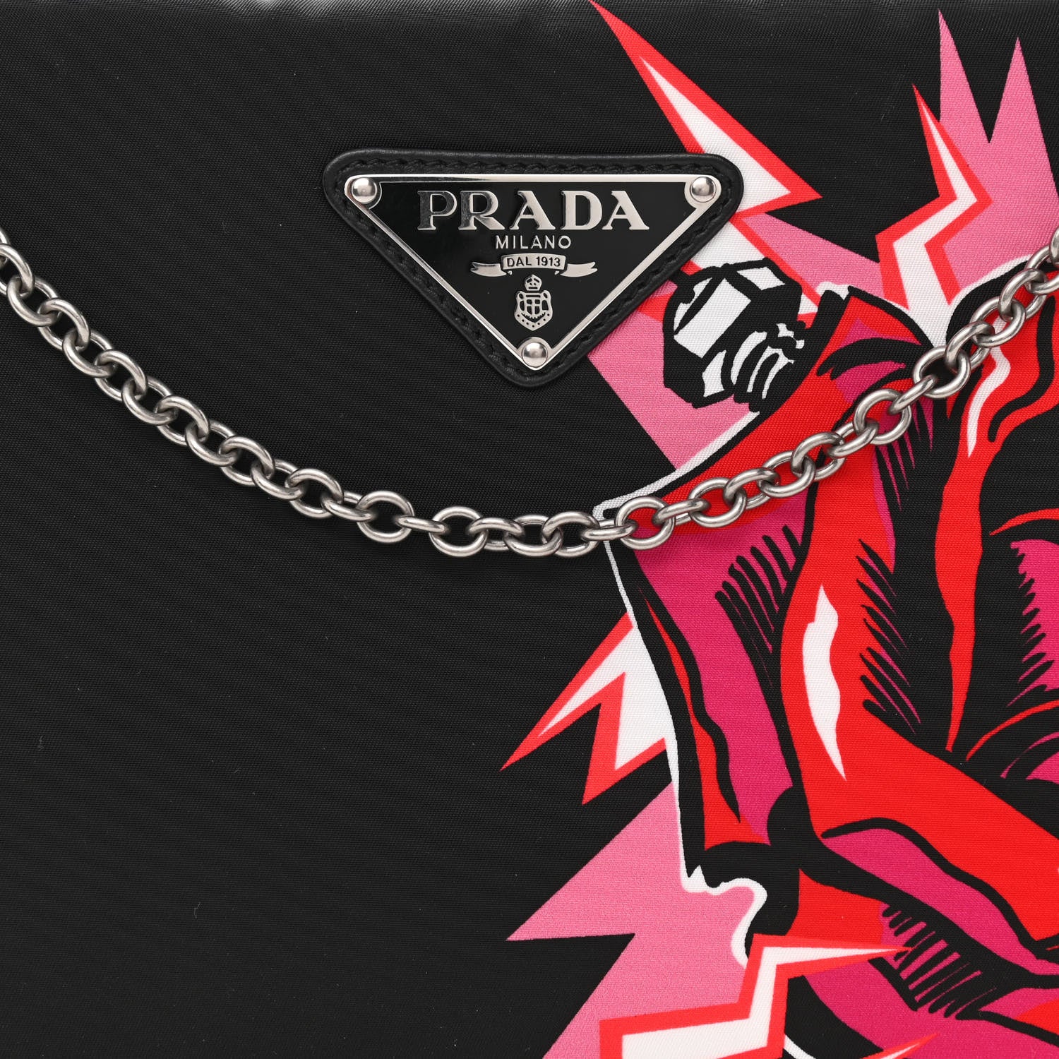 Prada X UNIVERSAL STUDIOS Tessuto Nylon Soft Padded Frankenstein Rose Medium Chain Clutch Bag Lacca 6 of 11
