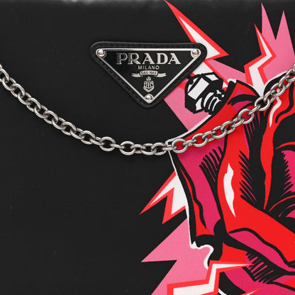 Prada X UNIVERSAL STUDIOS Tessuto Nylon Soft Padded Frankenstein Rose Medium Chain Clutch Bag Lacca 6 of 11
