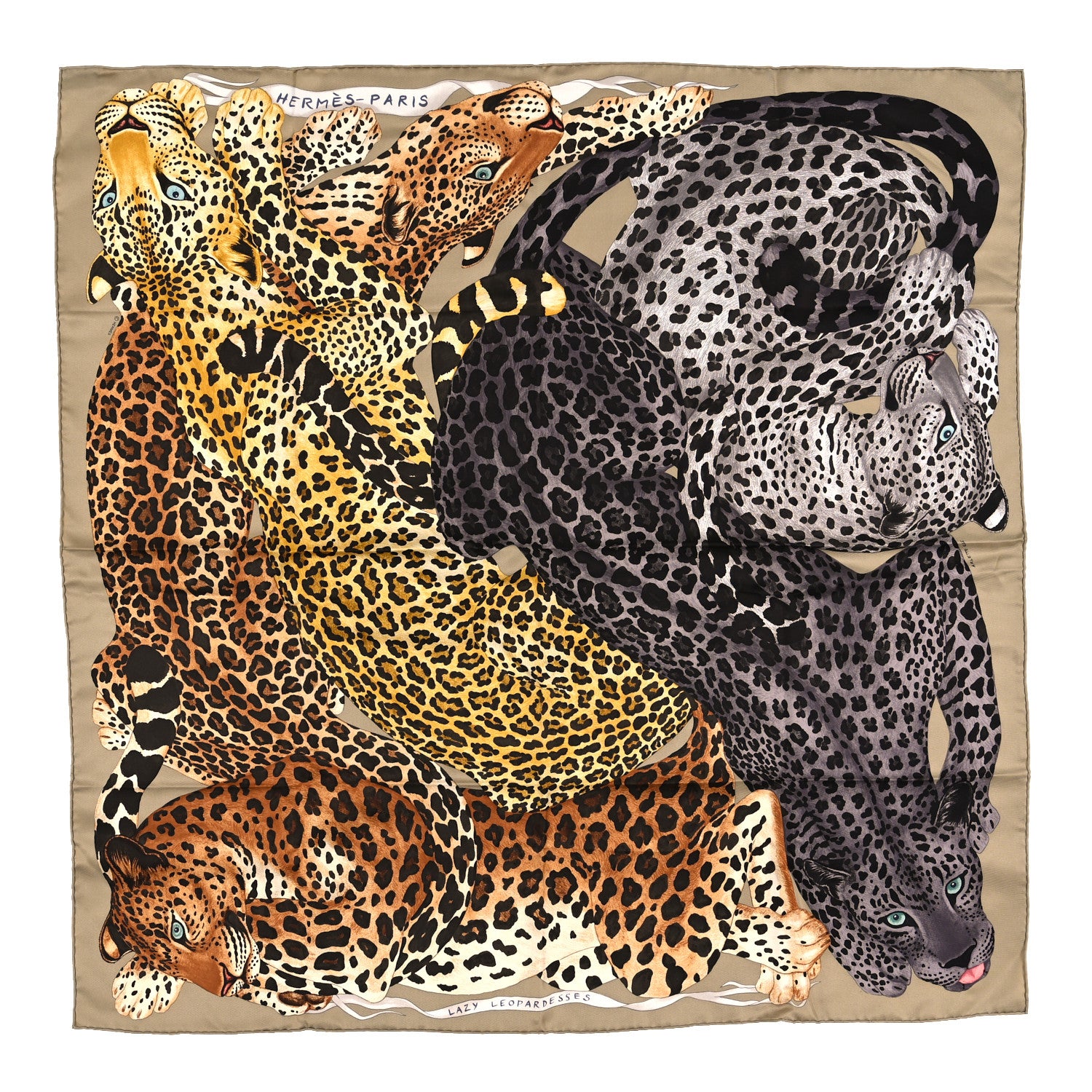 Hermes Silk Twill Lazy Leopardesses Scarf 90 Vert Black Gris Anthracite 1 of 6