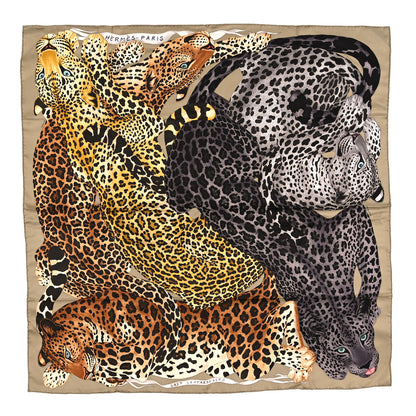 Hermes Silk Twill Lazy Leopardesses Scarf 90 Vert Black Gris Anthracite 1 of 6