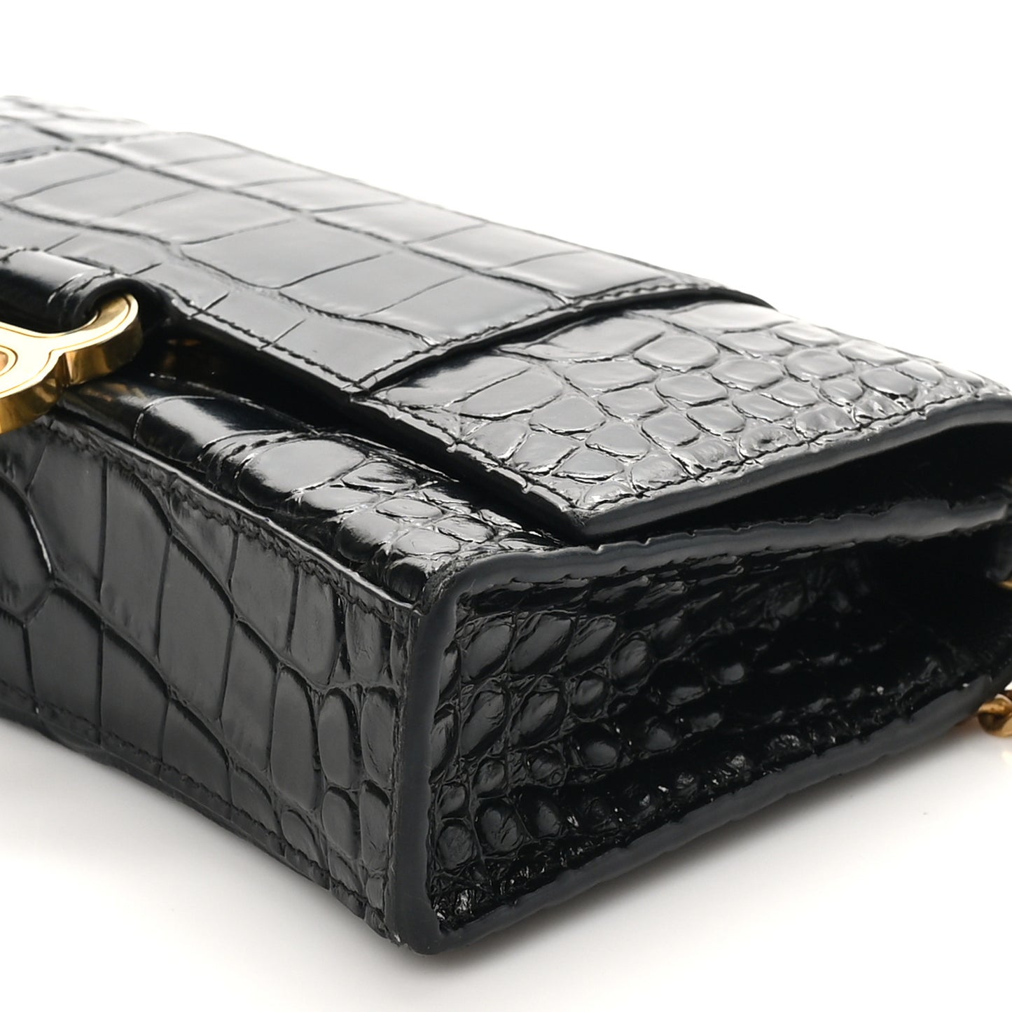Shiny Calfskin Crocodile Embossed Hourglass Chain Bag Black