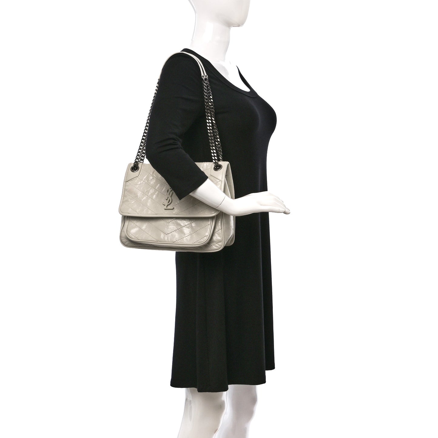 Crinkled Calfskin Matelasse Monogram Medium Niki Chain Satchel Blanc Vintage
