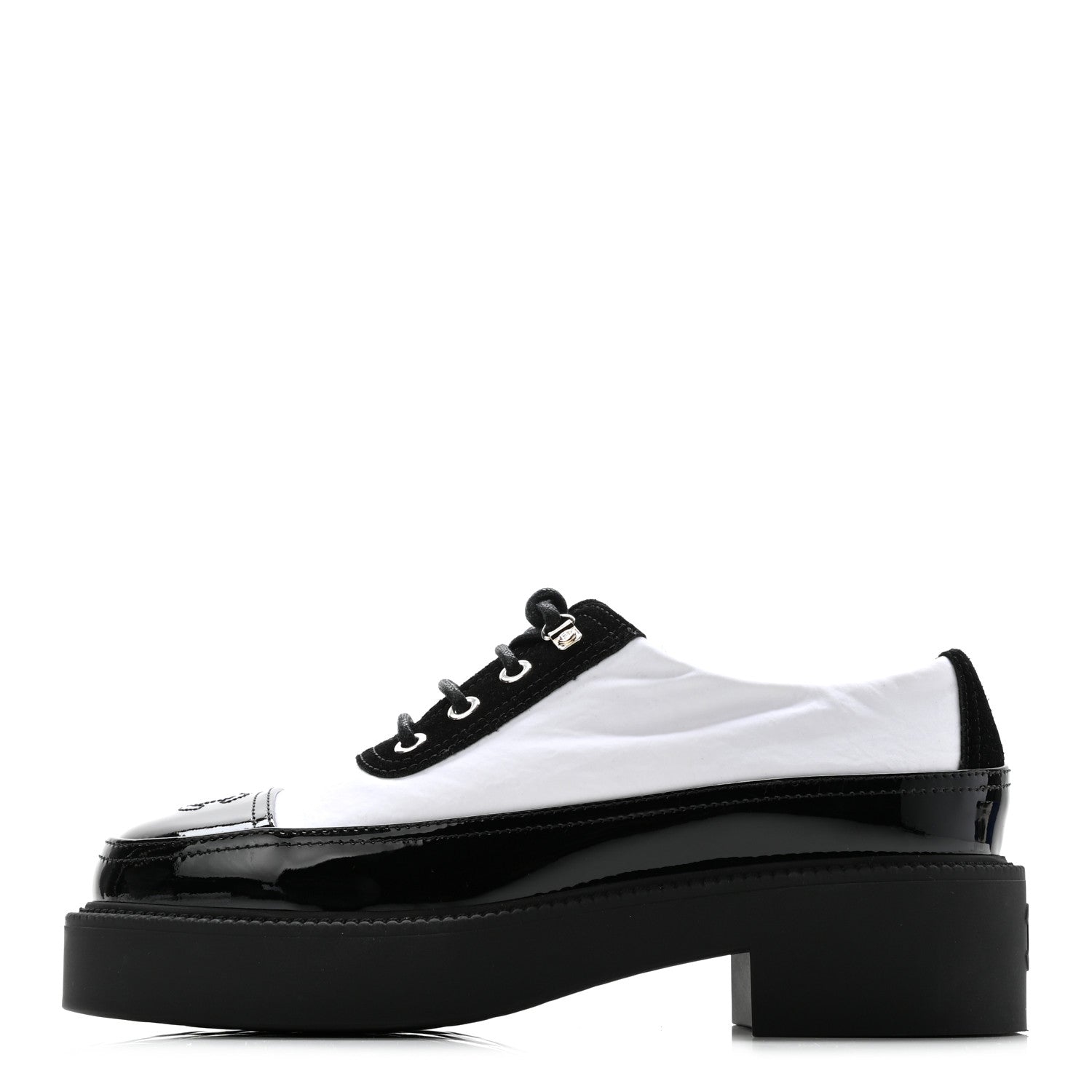 Chanel Nylon Suede Patent Calfskin CC Captoe Lace Up Oxfords 36 White Black 1 of 9