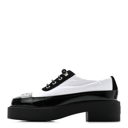 Chanel Nylon Suede Patent Calfskin CC Captoe Lace Up Oxfords 36 White Black 1 of 9