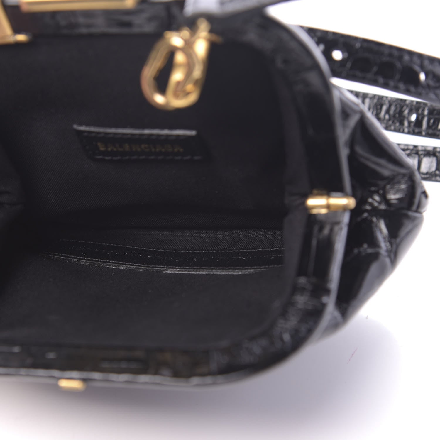 Balenciaga Shiny Supple Calfskin Logo Crocodile Embossed Cloud Coin Purse With Strap Black White 5 of 11