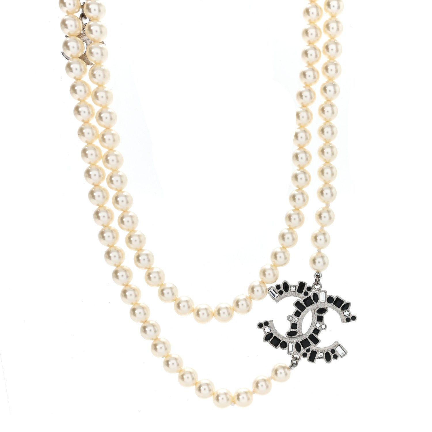 Chanel Pearl Bead Crystal CC Long Necklace White Silver Black 1 of 5