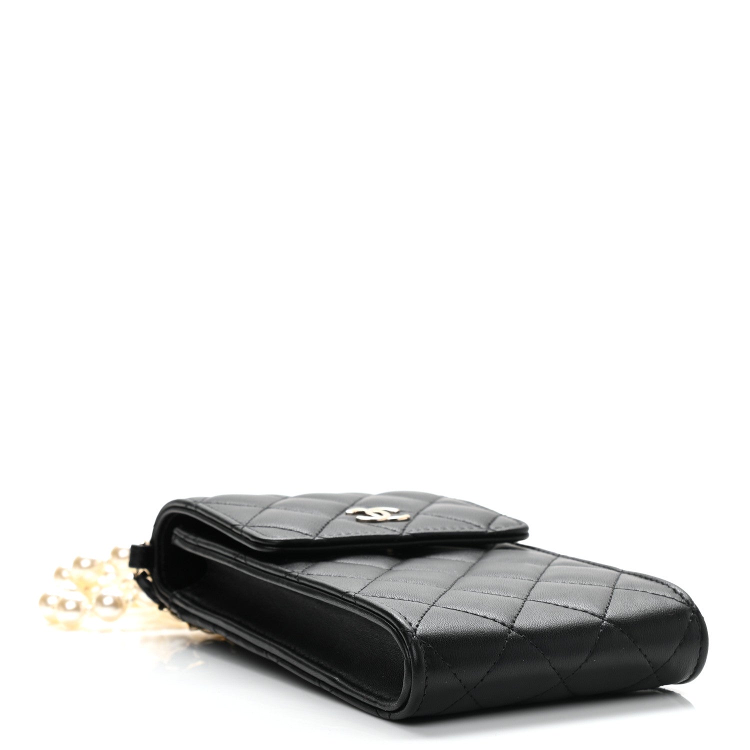 Chanel Lambskin Quilted Pearl Phone Holder With Chain Black 4 of 12