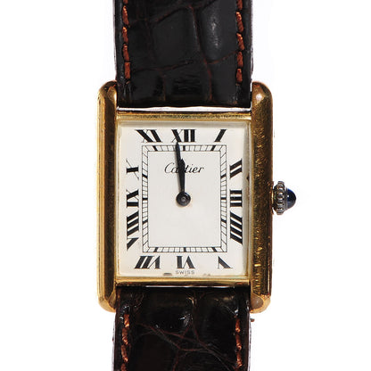 Cartier Sterling Silver Vermeil Alligator 20mm Must de Cartier Tank Quartz Watch Brown 1 of 6