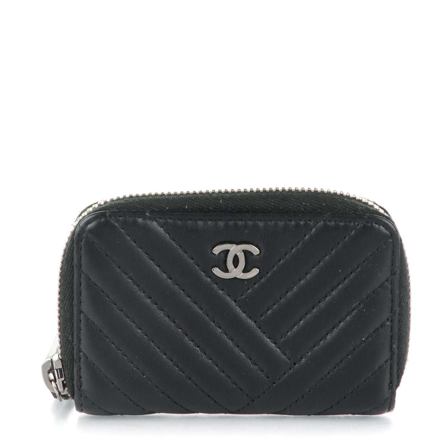 Lambskin Chevron Zip Around Coin Purse Wallet Black
