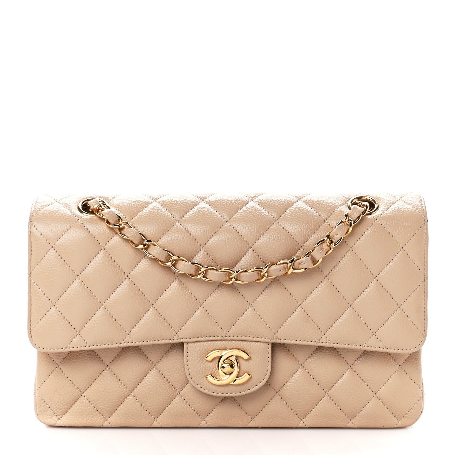 Caviar Quilted Medium Double Flap Beige