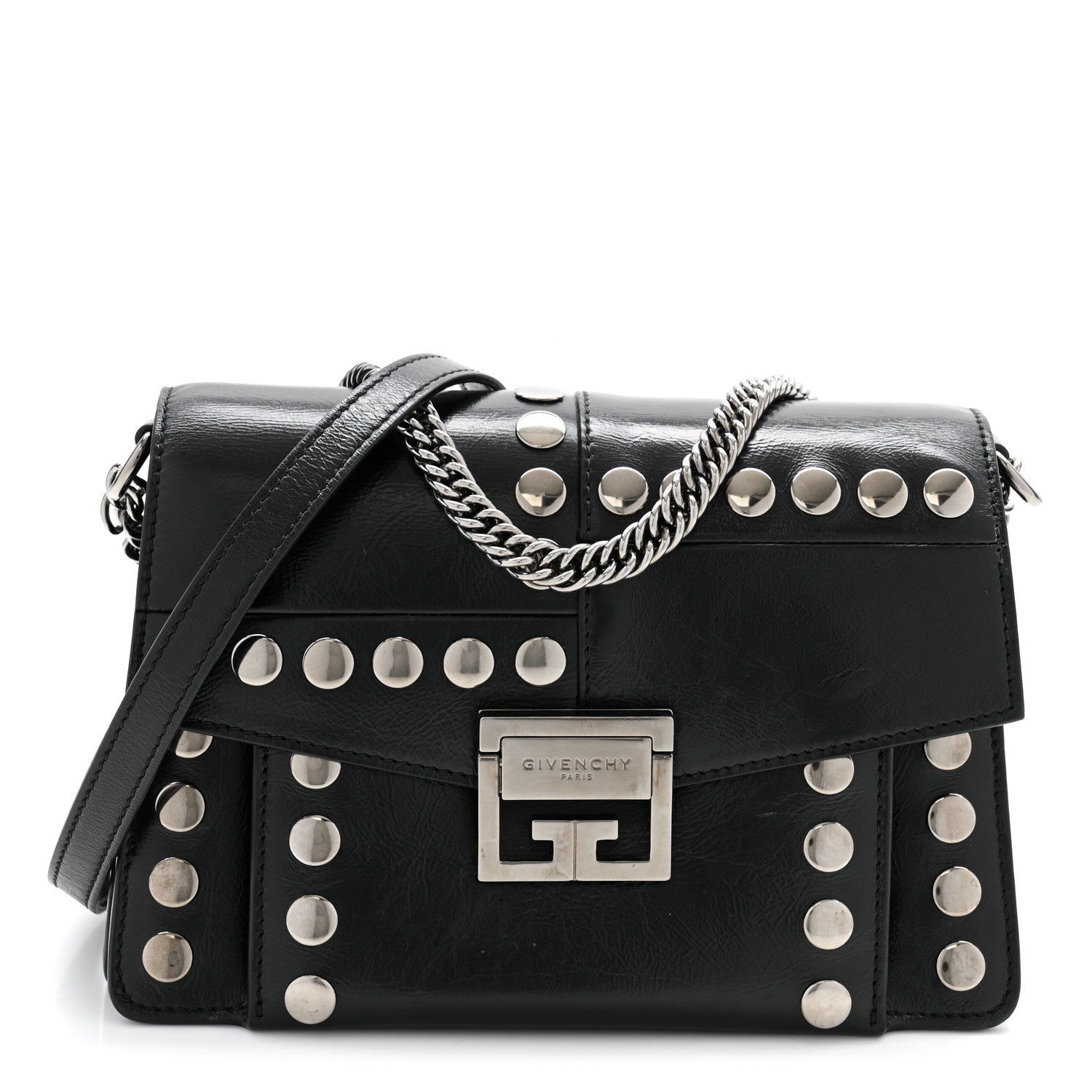Givenchy Studded Crinkled Patent Goatskin Small GV3 Shoulder Bag Black 1 of 15