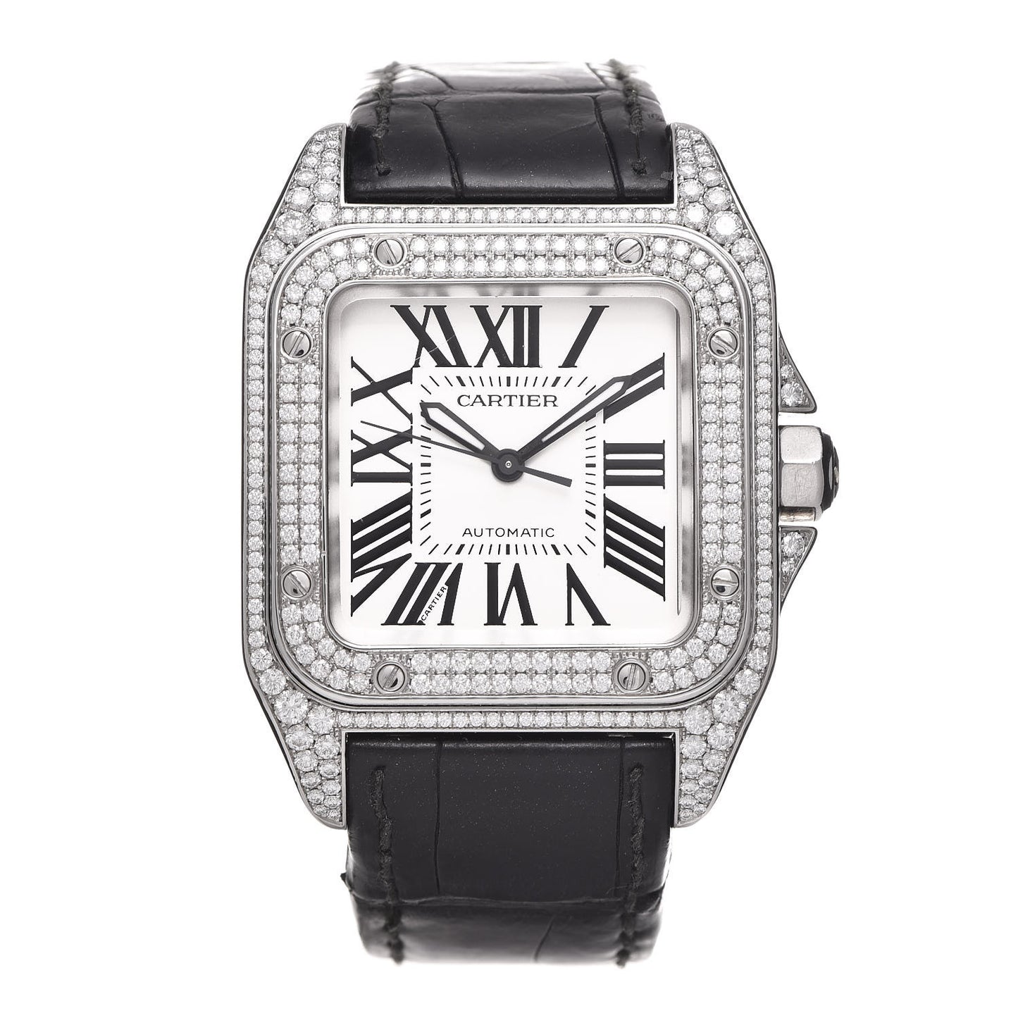 Stainless Steel Alligator Diamond Pave Bezel 33mm Santos 100 Automatic Watch