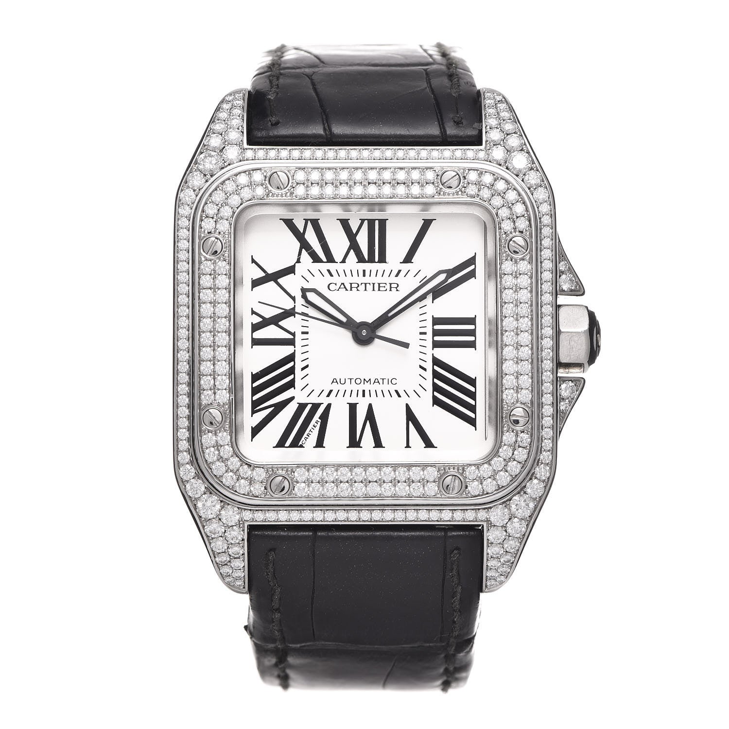 Cartier Stainless Steel Alligator Diamond Pave Bezel 33mm Santos 100 Automatic Watch 1 of 9