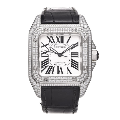 Cartier Stainless Steel Alligator Diamond Pave Bezel 33mm Santos 100 Automatic Watch 1 of 9