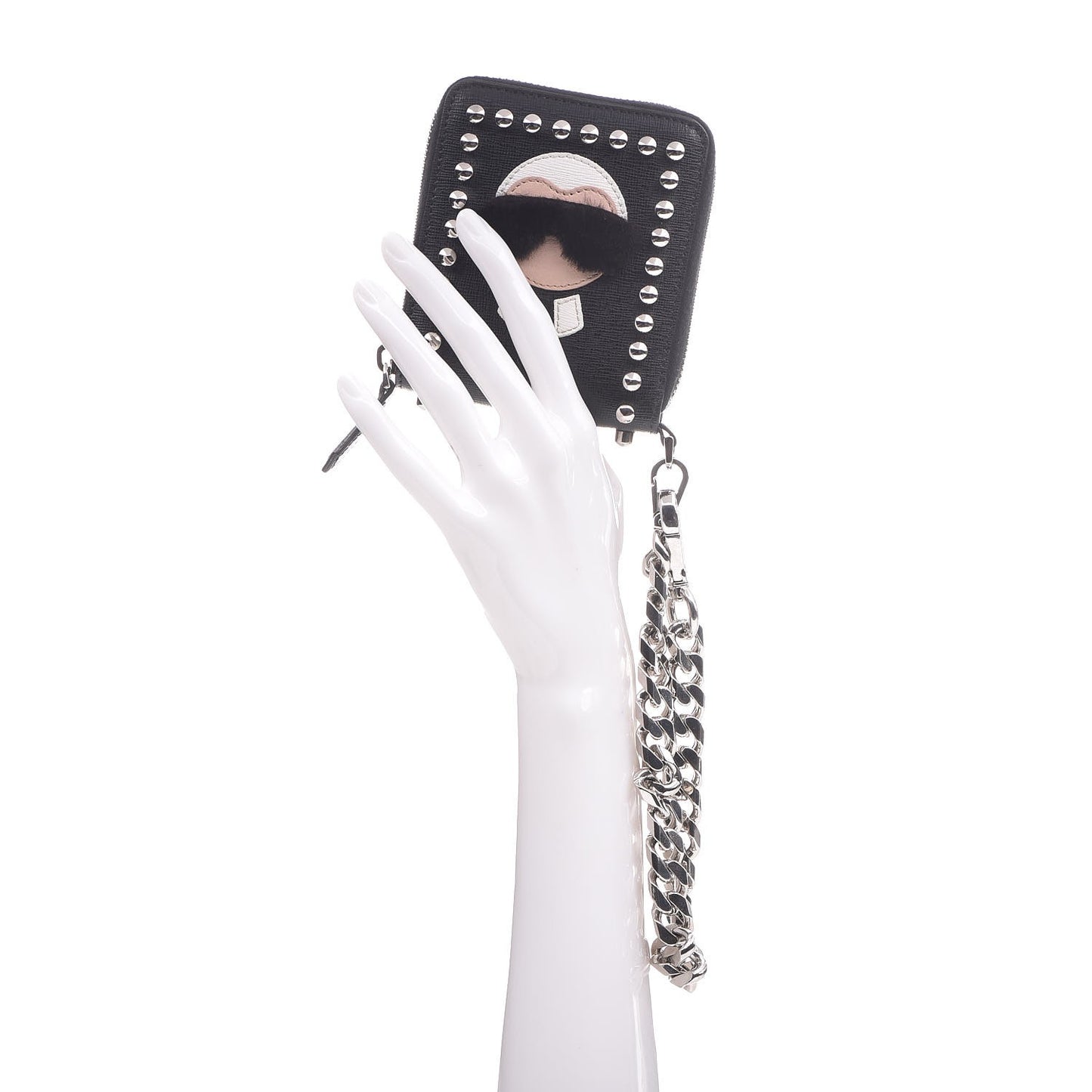 Vitello Elite Flamingo Mink Karlito Studded Zip Around Chain Wallet Black White Plaster