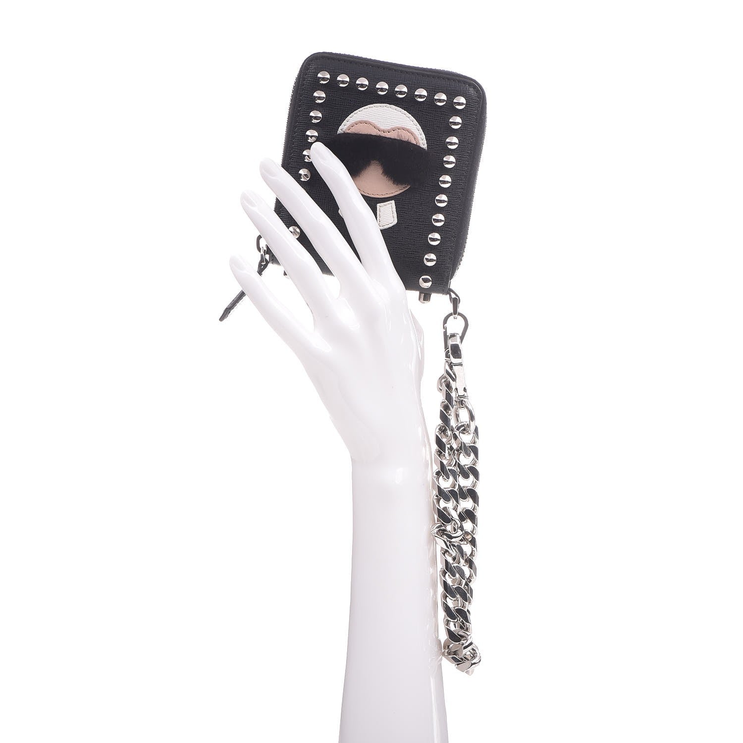 Fendi Vitello Elite Flamingo Mink Karlito Studded Zip Around Chain Wallet Black White Plaster 2 of 7