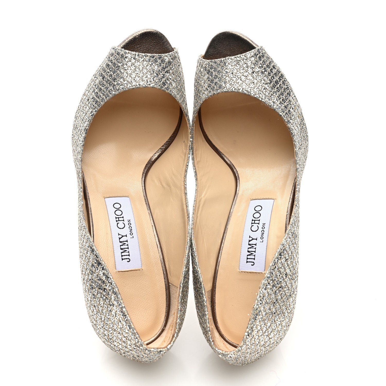 Jimmy Choo Glitter Fabric Baxen Peep Toe Wedges 38 Silver Gold 7 of 8