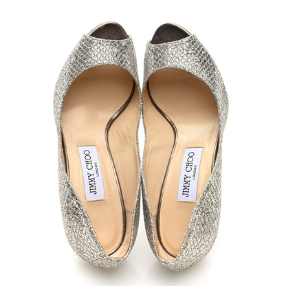 Jimmy Choo Glitter Fabric Baxen Peep Toe Wedges 38 Silver Gold 7 of 8