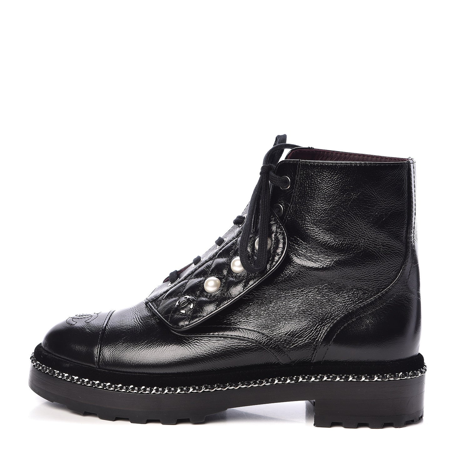 Crackled Calfskin Velvet Pearl Combat Short Boots 38 Black