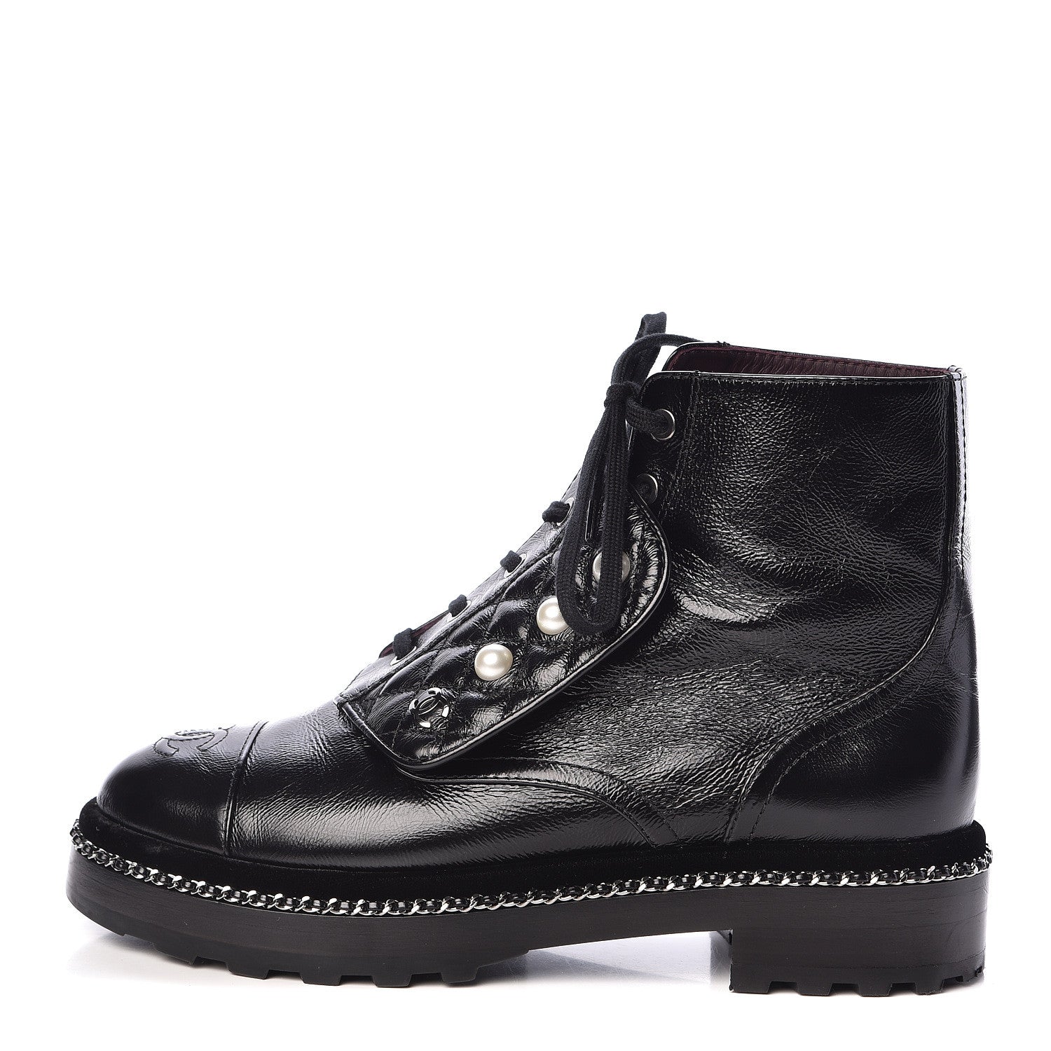 Chanel Crackled Calfskin Velvet Pearl Combat Short Boots 38 Black 1 of 9