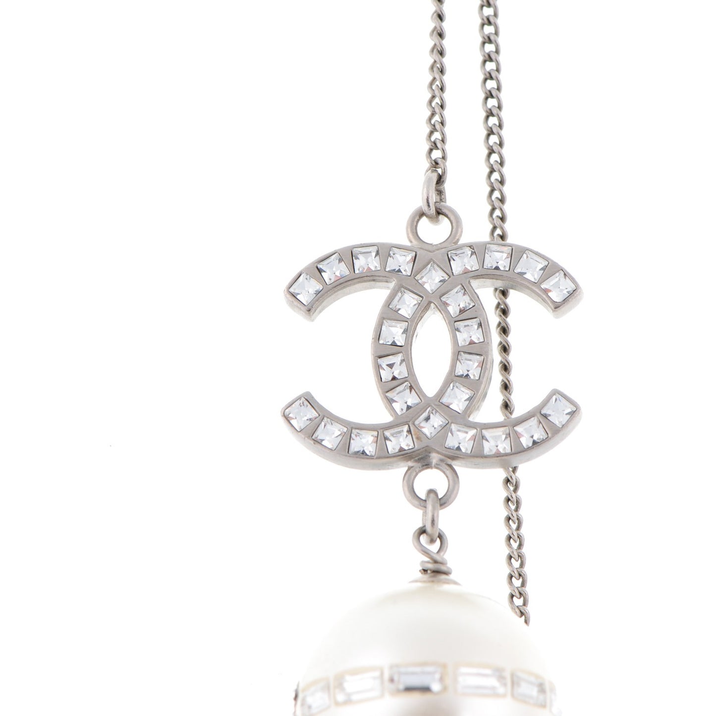 Baguette Crystal Pearl CC Long Necklace Silver