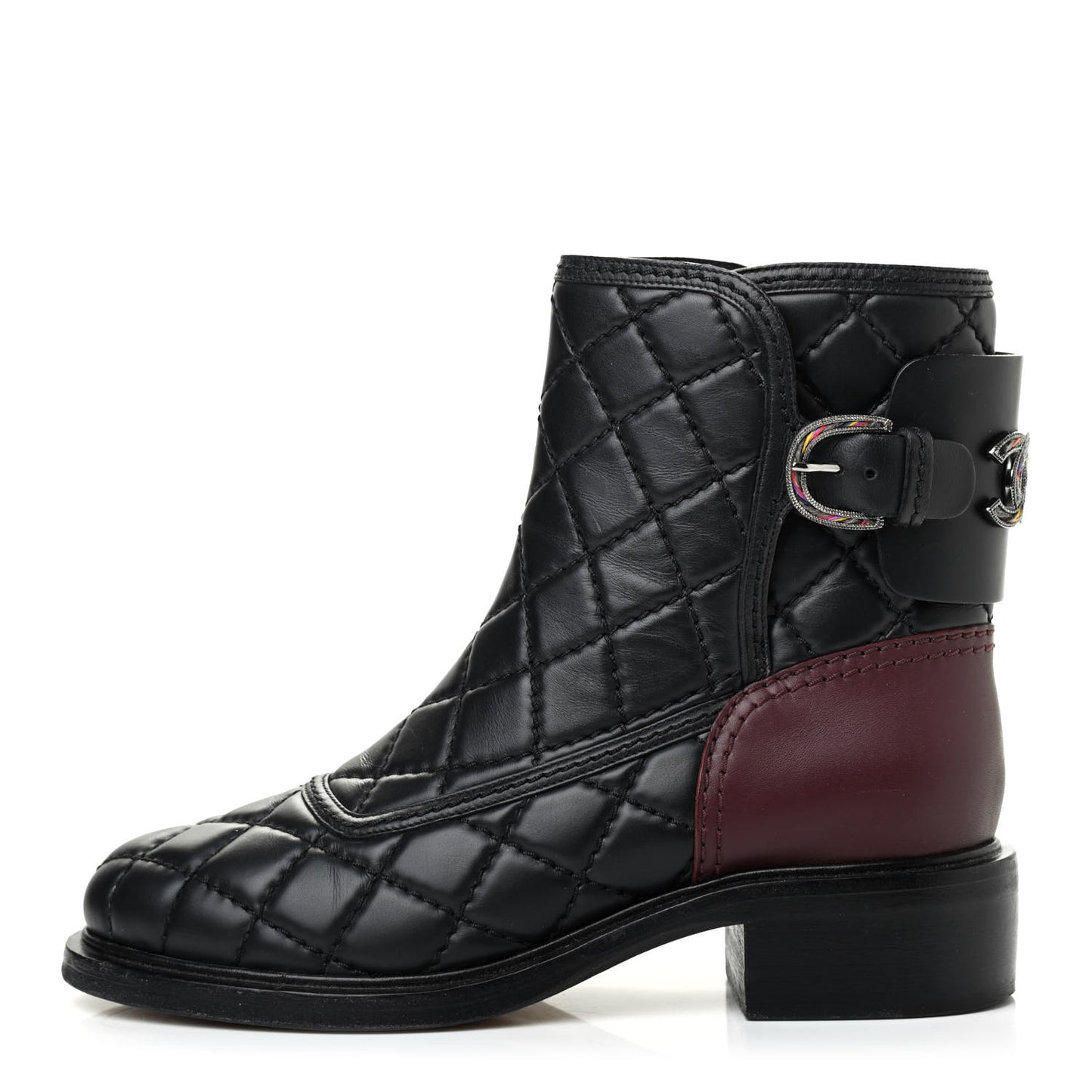 Lambskin Quilted CC Boots 38.5 Black Burgundy