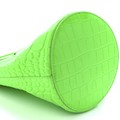 Balenciaga Shiny Calfskin Logo Crocodile Embossed XS Everyday Drawstring Bucket Bag Fluo Green 9 of 10