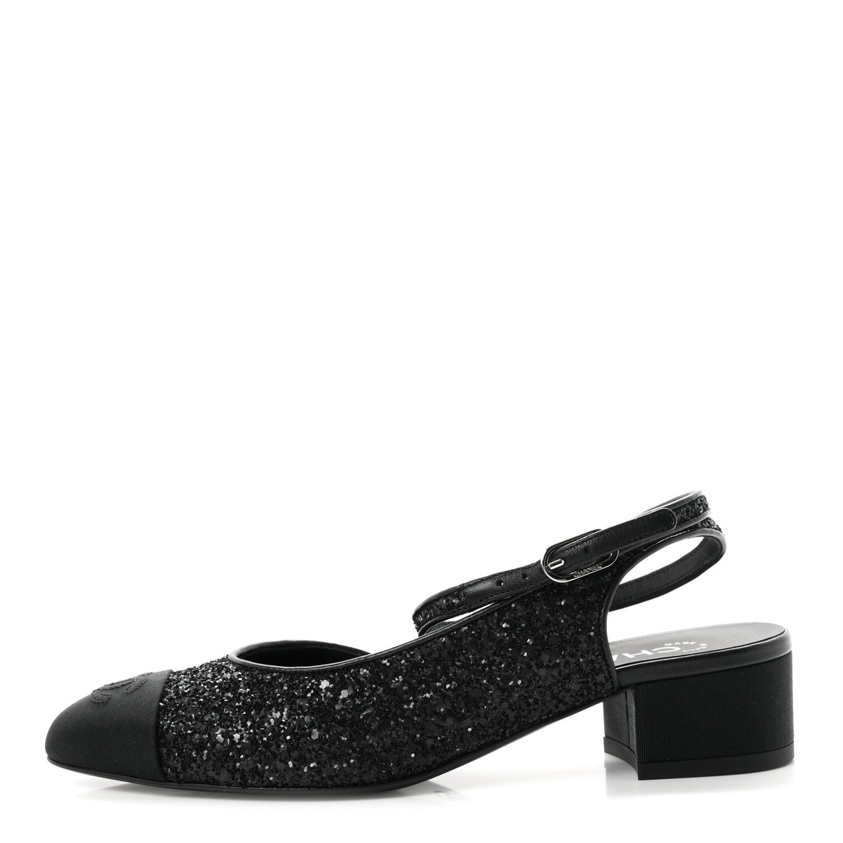 Chanel Glitter Grosgrain Cap Toe CC Ankle Wrap Pumps 37 Black 1 of 9