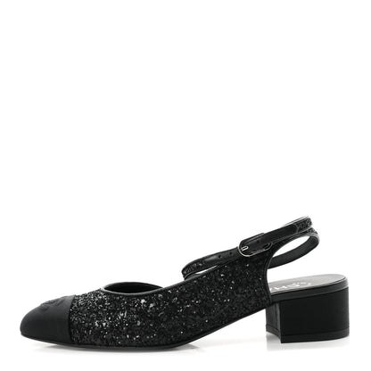 Chanel Glitter Grosgrain Cap Toe CC Ankle Wrap Pumps 37 Black 1 of 9