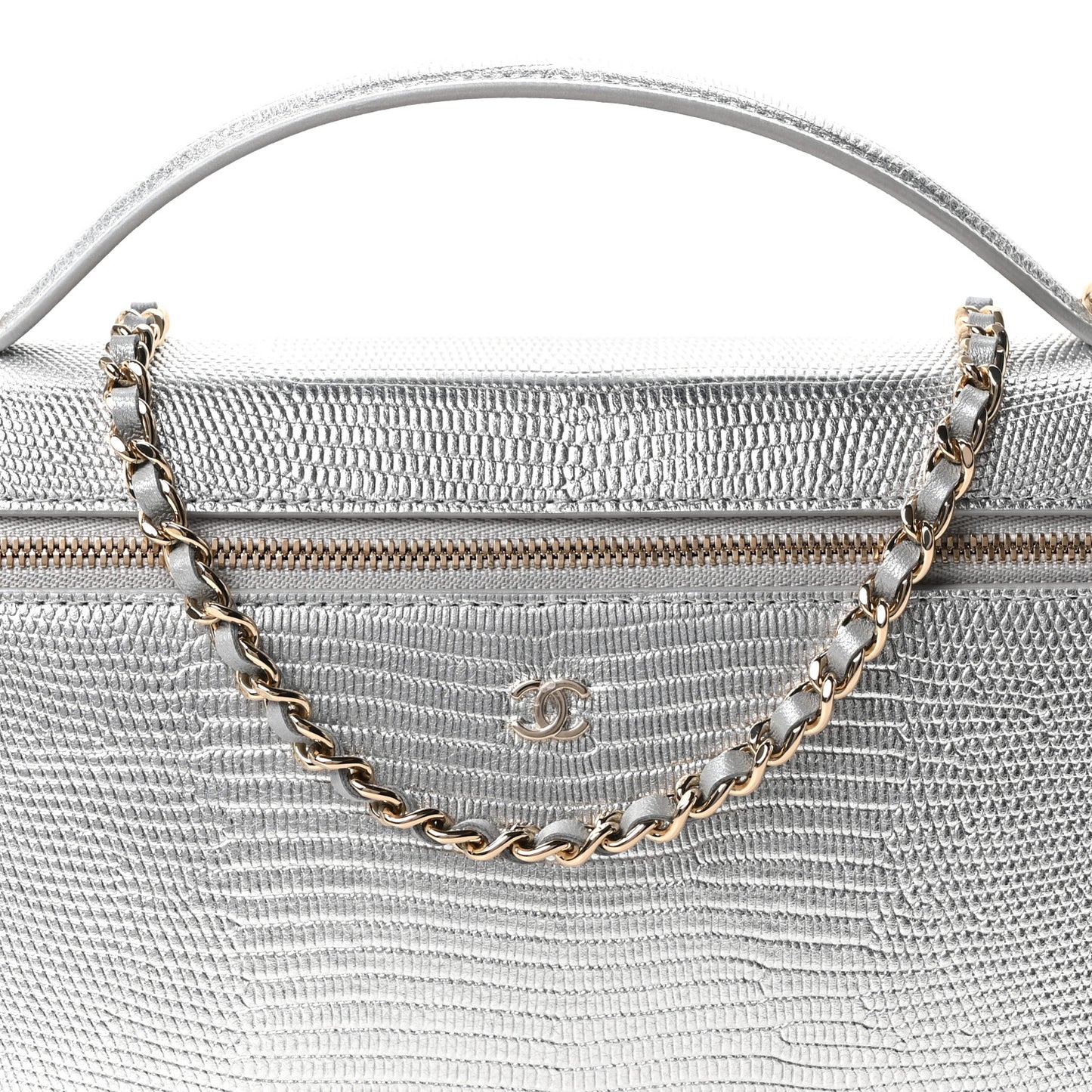 Lizard Embossed Top Handle Slim Vanity With Chain Silver