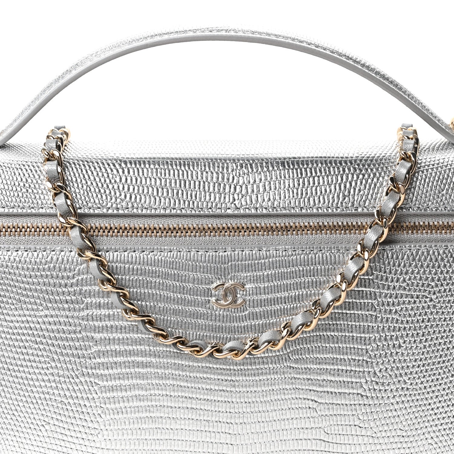 Chanel Lizard Embossed Top Handle Slim Vanity With Chain Silver 8 of 10