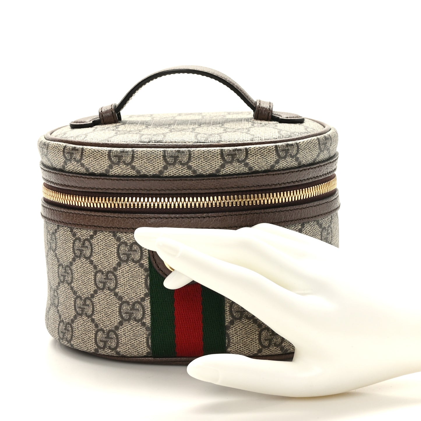 GG Supreme Monogram Textured Calfskin Web Ophidia Vanity Cosmetic Case Beige Ebony New Acero