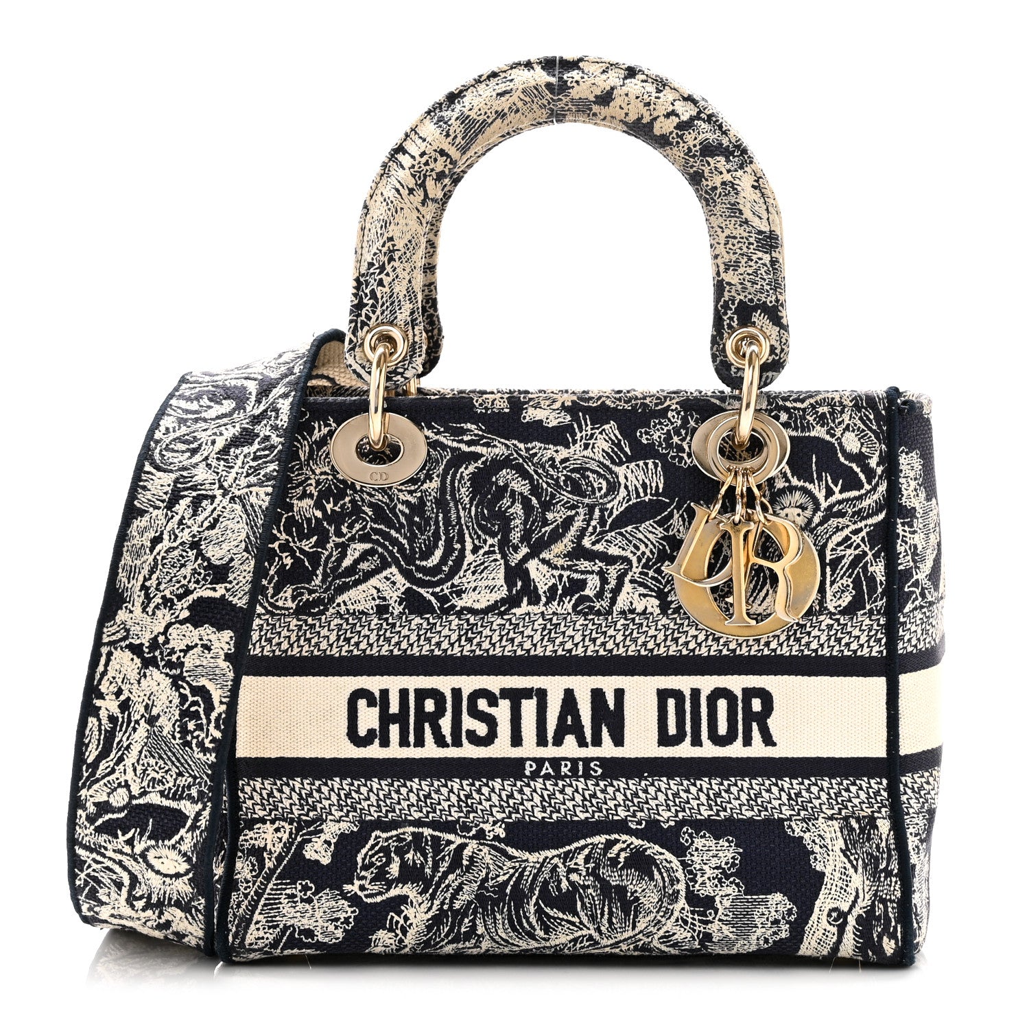 Christian Dior Canvas Toile De Jouy Embroidered Medium Lady D-Lite Navy 1 of 10