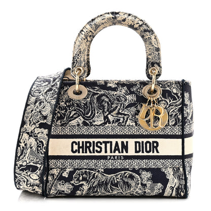 Christian Dior Canvas Toile De Jouy Embroidered Medium Lady D-Lite Navy 1 of 10