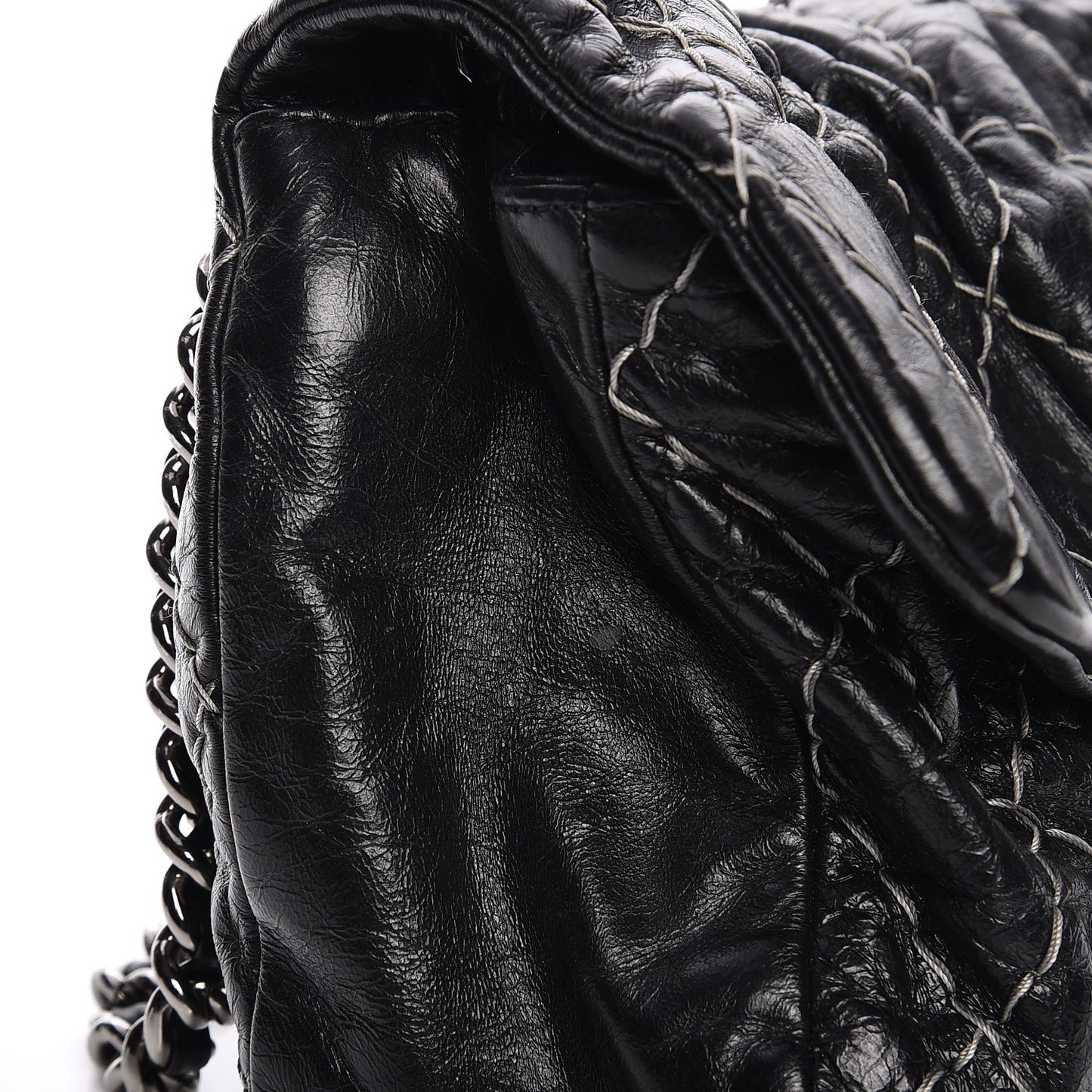 Glazed Goatskin Double Stitch Flap Black