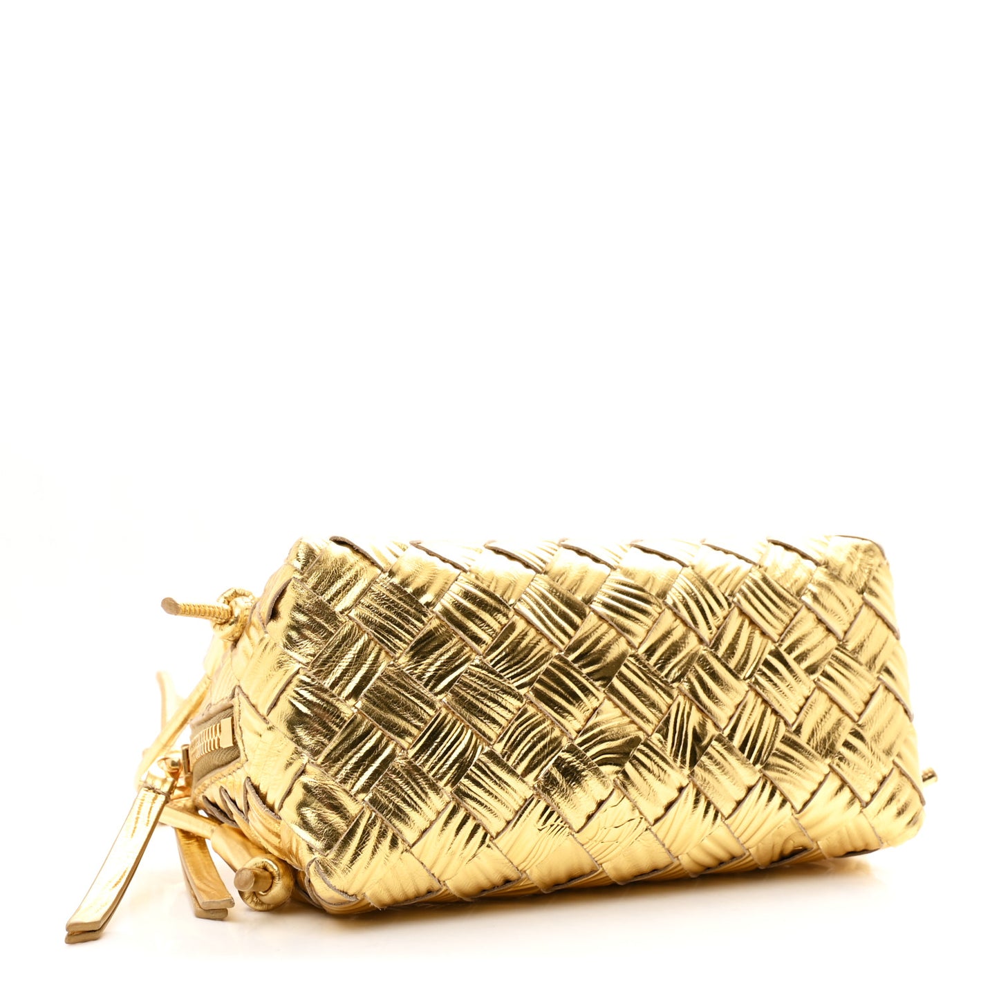Laminated Calfskin Intrecciato Embossed Wood Effect Concert Pouch Gold