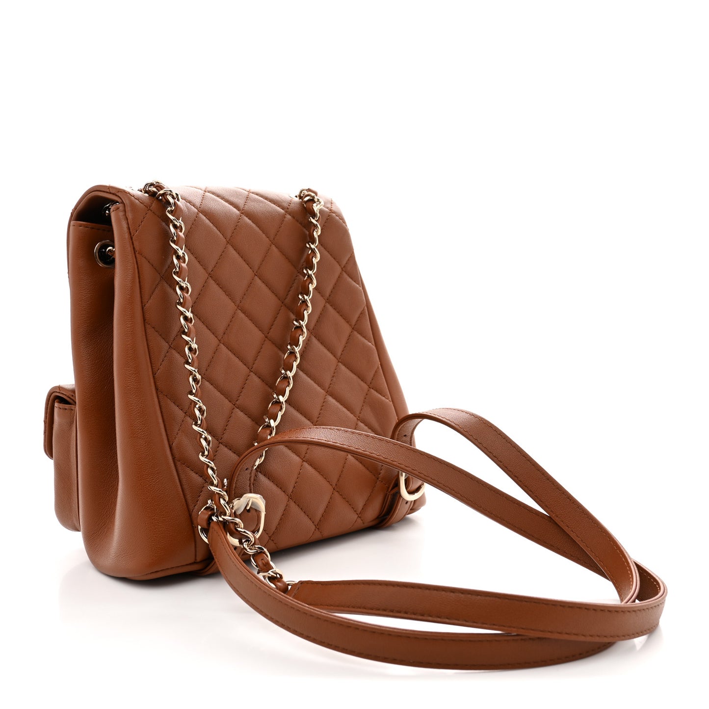 Calfskin Quilted Medium Duma Pockets Drawstring Backpack Light Brown