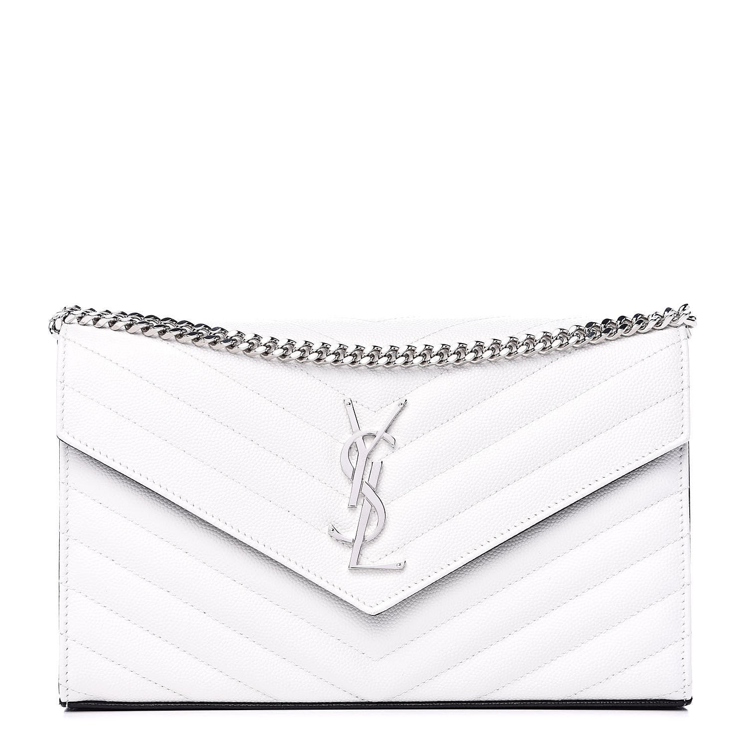 Saint Laurent Grain De Poudre Matelasse Bi-Color Chevron Monogram Chain Wallet White Black 1 of 9