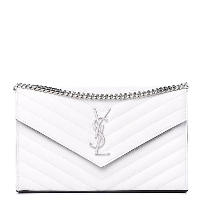 Saint Laurent Grain De Poudre Matelasse Bi-Color Chevron Monogram Chain Wallet White Black 1 of 9